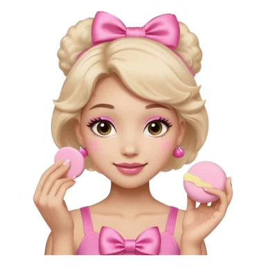 female face, light skin tone, small simple closed smile. One hand visible holding a round fluffy pink makeup powder puff pressed to the cheek; the puff has a small satin bow. sticker