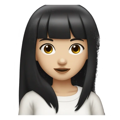 light-skinned girl, 1girl, dark hair, long black hair, bangs, black eyes, blunt  black bangs, white shirt, hime cut, cute sticker