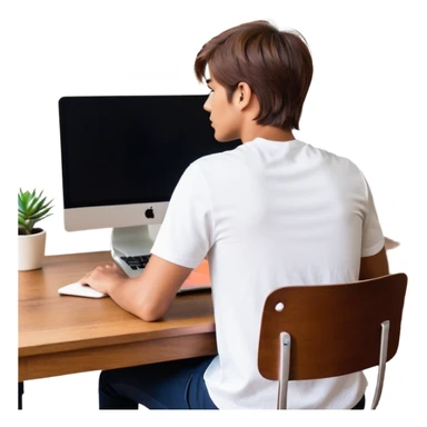 A man seen from behind, with detailed, well-lit hair. He is sitting in front of an open MacBook on a desk. On the MacBook screen, the Instagram logo is clearly visible and glowing. The scene has a modern, minimalistic aesthetic with natural lighting and a sharp, high-resolution look. sticker