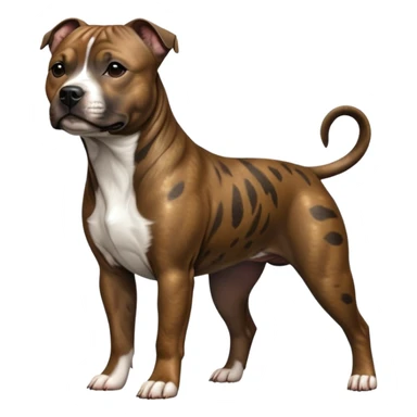cinematic-[Staffordshire bull terrier]-realistic-full-body-standing-emoji,-tail-resting-loosely-beside-its-paws,-head-tilted-dramatically, -sleek-[brindle]-fur,-simplified-yet-realistic-focused-features,-highly-detailed,-glowing-with-an-almost-sarcastic-glow sticker
