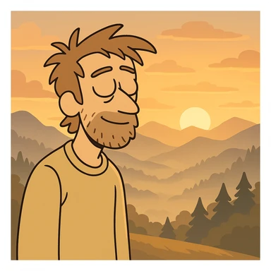 aesthetic morning sunrise, misty mountains, golden sunlight, tranquil mood, in Flat Toon style sticker