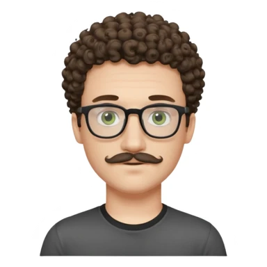 Light brunette curly haired young man with pale skin and glasses. Eyes are greenish grey and he has a moustache. Black t-shirt. sticker
