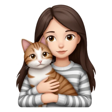 a girl with long dark brown hair, in a
white sweater and brown eyes, hugs a tabby
grey and white strips one cat. sticker