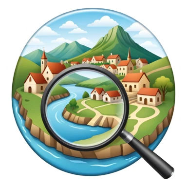An icon featuring a magnifying glass over a local map, with a small village, traditional house, and natural landmarks like a river and hill, symbolizing local history and geography. Transparent background highlights the study of native land, culture, and heritage. sticker