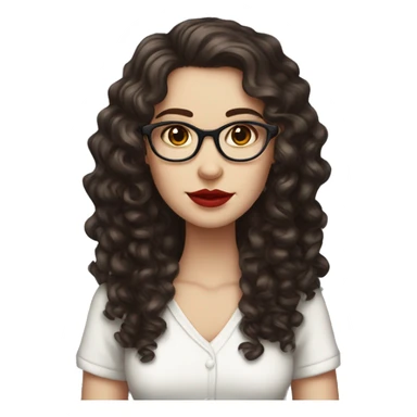 girl, dark brown hair, curly hair, glasses, dark brown eyes, pale skin, red lips, long hair, holding starbusk sticker