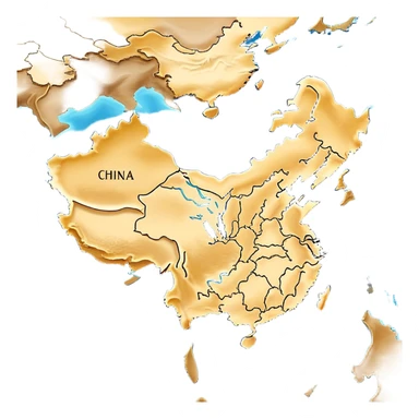 Cinematic-realistic outline of china, featuring its distinct landmass with accurately defined coastlines. The deep blue ocean surrounds the golden-brown continent, with subtle topographic shading to highlight its terrain. A soft glowing effect enhances the edges, making the shape stand out against a neutral, textured background. sticker