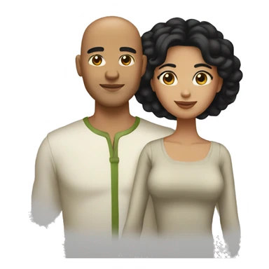 A couple. The woman has shoulder length black hair. The man has olive skin and a shaved head sticker