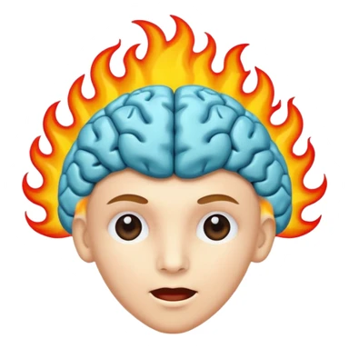 minimal high-quality emoji of a human brain with bright vivid colors and flames emerging from or surrounding it, symbolizing passion creativity and intense exploration, small clear design suitable for emoji use sticker