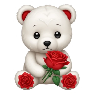 Cute white teddy bear with sad puppy dog eyes holding roses  sticker