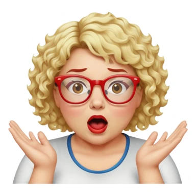 Blonde woman with short curly hair, slightly overweight, wearing glasses with red frames, shouting with hands on each side of her mouth sticker