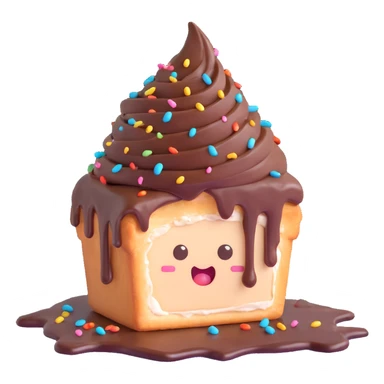 Rectangular chocolate mini pastry, messy chocolate dripping, sprinkles flying, surprised eyes, open mouth, text above: "ПАСТИЧКА", chibi style, Twitch emoji style, transparent background, colorful
 sticker