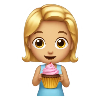 4-years old girl with golden straight hair eats cupcake sticker