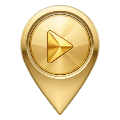 gold map pin with play button, luxury feel, premium video location, apple style emoji sticker