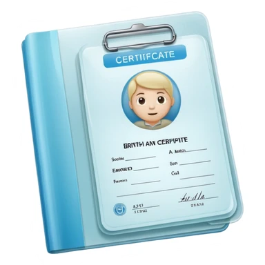 A simple emoji-style icon of a transparent plastic folder, clean and minimal, with rounded corners, subtle translucency, soft shading, and a small official documents symbol representing birth certificate, and SS. sticker