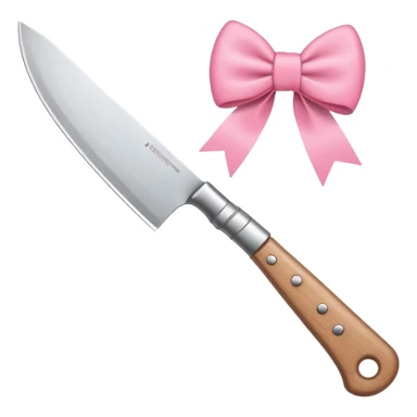 Emoji style illustration of a kitchen knife with a cute pink bow tied around the handle, minimalistic, clean design, white background, soft colors, flat vector style, kawaii emoji sticker
