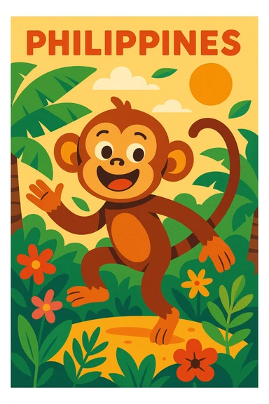 a playful monkey in the Philippines with vibrant colors, tropical background sticker