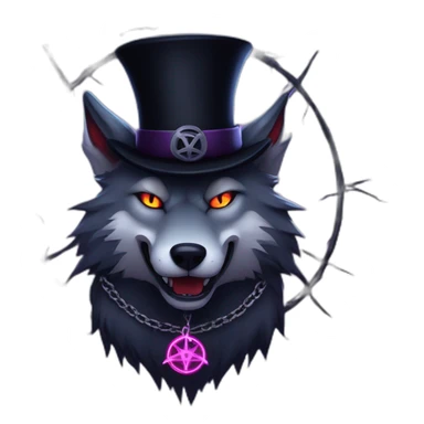 demonic wolf with a pentagram top hat and a pentagram chain with a haunting night background sticker