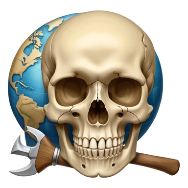 An icon featuring a human skull and fossilized bones, symbolizing the study of anthropology. The design includes archaeological tools like a pickaxe and brush, with a background of ancient artifacts and a globe. Transparent background emphasizes the exploration of human history and evolution. sticker