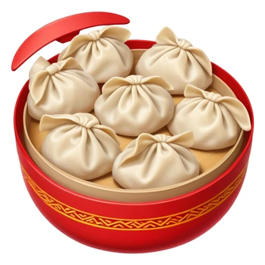 Chinese New Year dumplings Jiaozi with red background elements, simplified emoji style with bold outlines and bright colors, cartoon style festive food sticker