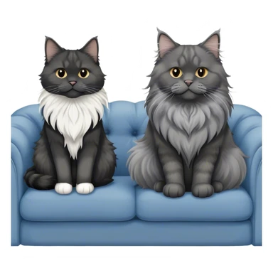 A large black smoke Maine Coon cat with long grey ear tufts and a fluffy grey ruff, sitting next to a chubby British Shorthair cat in blue color with plush fur, both sitting comfortably on a sofa. Beautiful room background with flowers and soft lighting. Transparent background. sticker