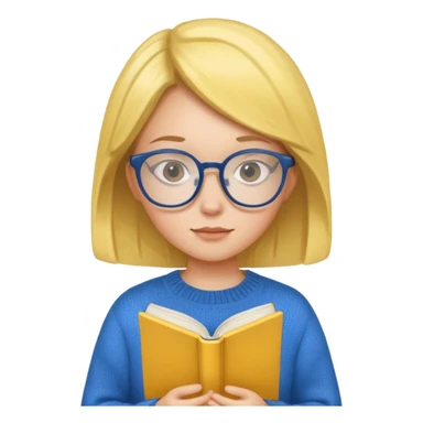 a girl with glasses wearing blue sweater reading a yellow cover book sticker