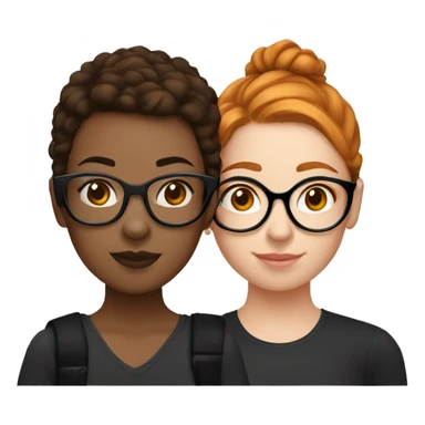 two couple girls, the first with brown hair and black round glasses, the other with short little ginger hair and a square black glasses sticker