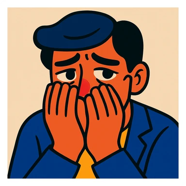 a person hiding their sadness, subtle facial expression, hands partially covering face, neutral background, expressive eyes, modern illustration style sticker