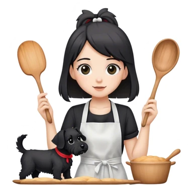 pale girl with long back hair wearing black long shirt wearing apron and baking holding black floppy ear schnauzer sticker