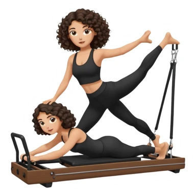 brunette,curly hair shoulder lenght,turkish,beautiful,with some eyelined eyes, 3b girl doing reformer pilates with black pilates cutesy set,on reformer machine,making different moves. sticker