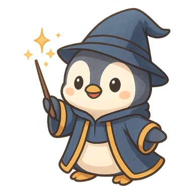 a cute penguin wizard casting a spell, wearing a robe and holding a wand, magical sparkles around sticker