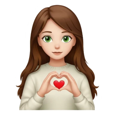 Girl green eyes brown long hair white warm sweater doing hands heart sticker