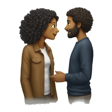Curly haired woman kissing white man with beard sticker