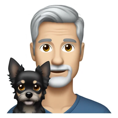 Handsome man with gray goatee and gray hair and blue eyes holding all black long haired chihuahua sticker