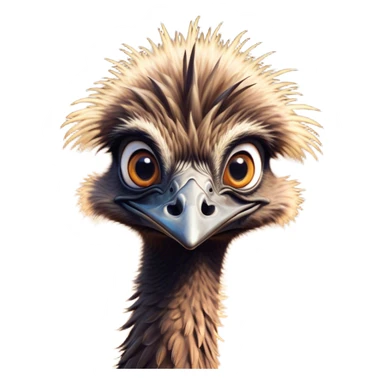 Cinematic Comical Emu Portrait Emoji, Head tilted dramatically with an exaggeratedly amused expression, featuring a striking, textured brown plumage with a comically small head and wide, expressive eyes full of playful disbelief, Simplified yet hilariously expressive features, highly detailed, glowing with a slightly sassy glow, high shine, dramatic yet playful, stylized with an air of cheeky outback mischief, bright and endearing, soft glowing outline, capturing the essence of a spirited and over‐the‐top emu, so meme‐worthy it feels like it could squawk its way into internet fame instantly! sticker