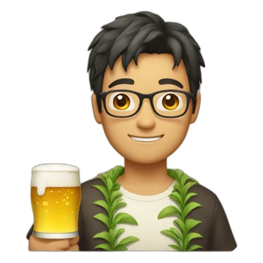 Japanese wearing glasses alohashirt is holding beer sticker