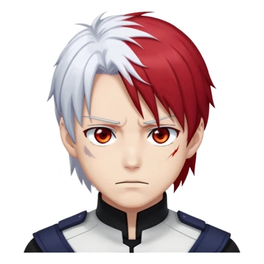 Shoto Todoroki face only, left side white hair, right side red hair, heterochromatic eyes, burn scar on left side of face, serious expression sticker