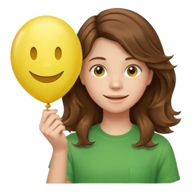 Teen girl wavy brown hair, green shirt, with smiley-face balloon sticker