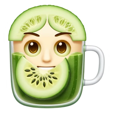 A face emoji with slices off cucumbers in his eyes and drinking a cup of Matcha sticker