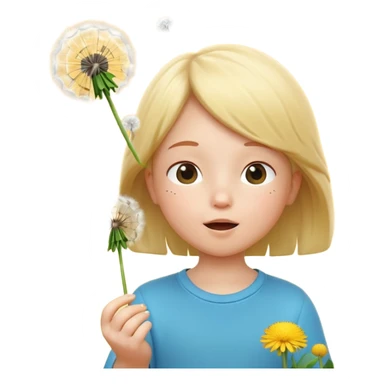 A 3D cartoon child blowing on a dandelion, seeds flying in the air, sunny garden background, realistic Memoji-style. sticker