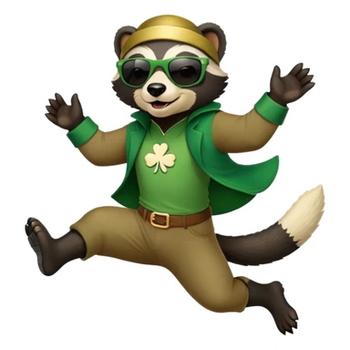 friendly anthropomorphised honey badger in a casual green-themed outfit with St. Patrick's Day accessories, wearing sunglasses, jumping, no beer sticker