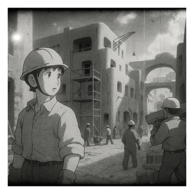 8mm film black and white, no color, light leaks. the image shows post-war reconstruction in the z'rian commonwealth capital region, santa-fe neo-adobe futuristic architechture sticker