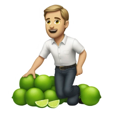 The same white man with brown hair bending down to pick up many fallen limes on the floor . No facial hair at all sticker