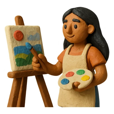 tanned woman artist with long black hair, wearing an apron, painting at an easel, holding a palette and brush, claymation style sticker