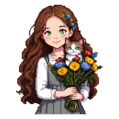 A cool girl with long brown hair and fair skin tilts her head and holds a bouquet of flowers and a cat sticker