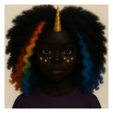 Change the character's skin to a deep black tone and give her fluffy, voluminous hair while keeping the rainbow hair, gold unicorn horn, blue eyes, and star freckles. Maintain the original style and details. sticker