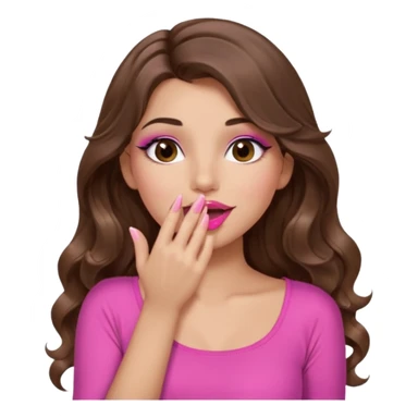 girl with long wavy brown hair, brown eyes, long lashes makeup, sexy pink lips, light to medium complexion, wearing a pink sexy top, sexy, giggling hand covering mouth sticker