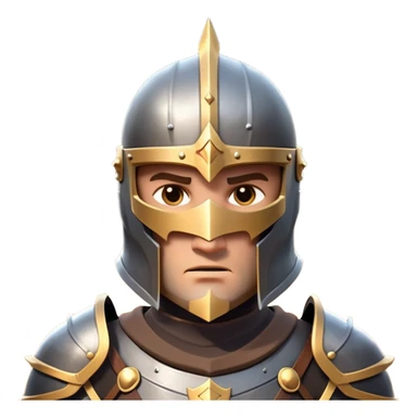 clash-of-clans-aesthetic_-cinematic-fearsome-and-majestic-knight-bust-portrait-emoji, rendered in a flat, vector-style with minimal shading and bold, simplified shapes, depicting a battle-ready medieval knight with steely eyes and intricate armor, riding on a black warhorse looking regal reflecting sunlight over a misty battlefield. sticker