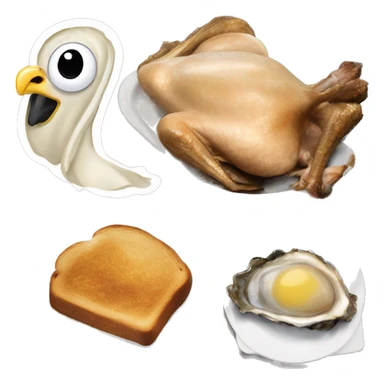 Standing crazy Turkey next to blackened toast and oysters and a a slice of toast sticker
