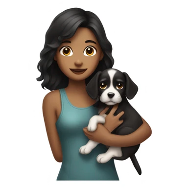 A girl with dark hair holding a puppy sticker