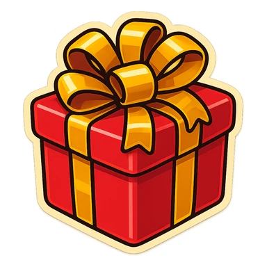 Make this gift emoji cartoony, with a primary color of red for the box and a secondary color of yellow for the ribbon, keeping the style playful and bold in retro stickers style. sticker